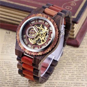 Men's Wooden Watch Skeleton Automatic Movement Wood Watch Self-Winding Watches